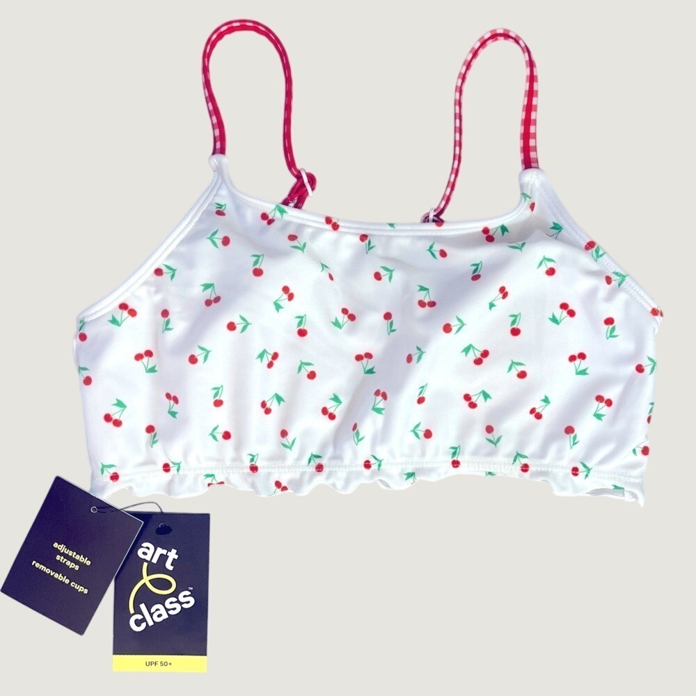Art Class Bikini Swim Top Girls XL 14 White Red Cherry Party Adjustable NWT